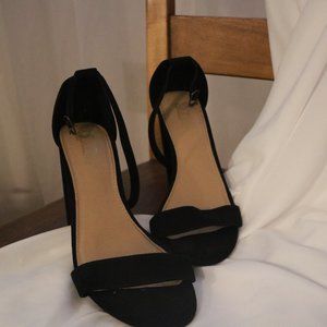 Black Faux Suede Block Heeled Sandals